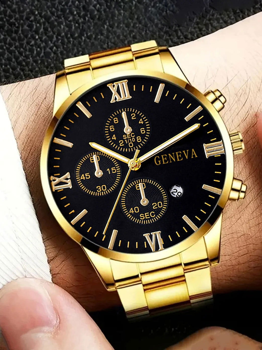 4pcs gold alloy Roman with calendar men's quartz watch and cross necklace bracelet ring set selected gift - CHRISTDEST GLOBAL SERVICE