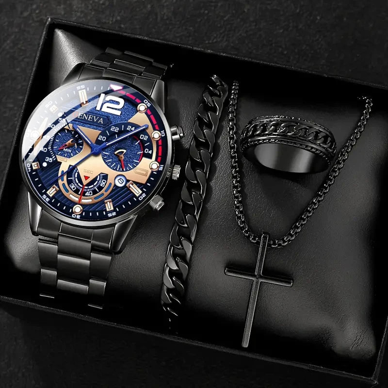 4pcs gold alloy Roman with calendar men's quartz watch and cross necklace bracelet ring set selected gift - CHRISTDEST GLOBAL SERVICE