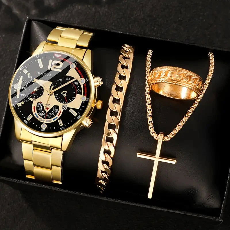 4pcs gold alloy Roman with calendar men's quartz watch and cross necklace bracelet ring set selected gift - CHRISTDEST GLOBAL SERVICE