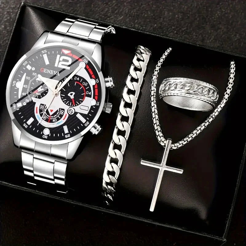 4pcs gold alloy Roman with calendar men's quartz watch and cross necklace bracelet ring set selected gift - CHRISTDEST GLOBAL SERVICE