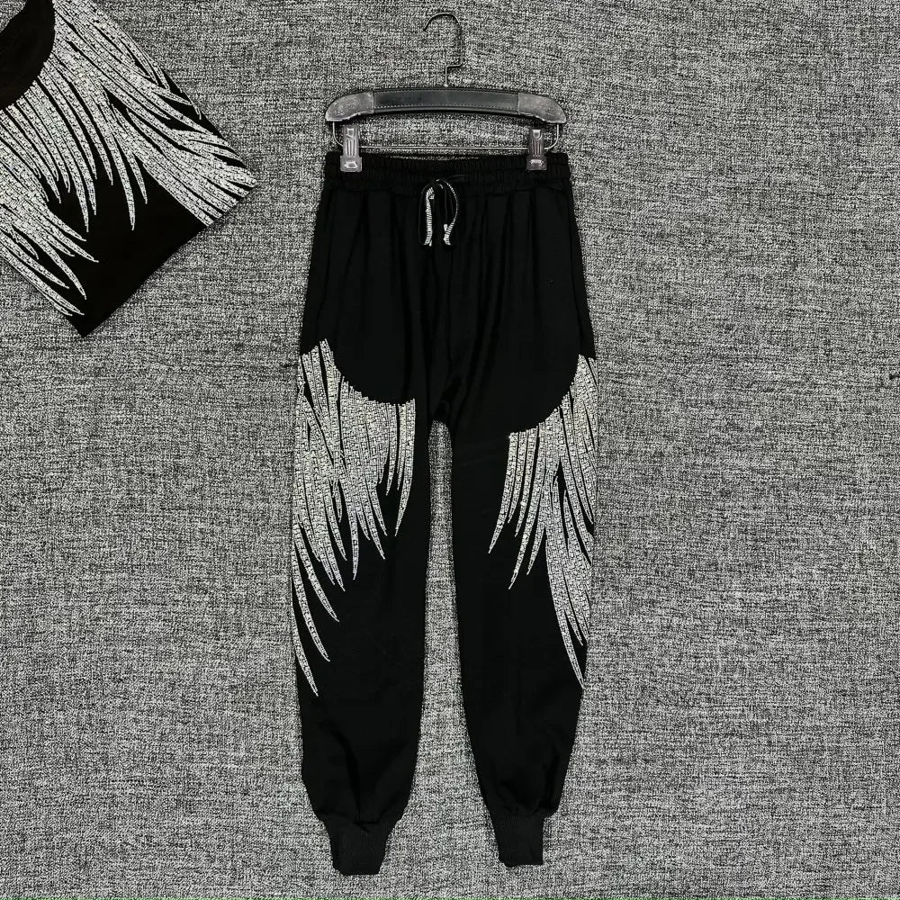 Luxury Women Cotton Blended Diamonds Beaded T-Shirts Rhinestones Tees + Drawstring Beading Pants Drilling Trousers 2pcs Set
