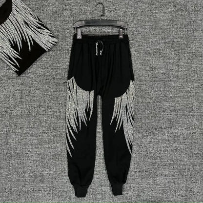 Luxury Women Cotton Blended Diamonds Beaded T-Shirts Rhinestones Tees + Drawstring Beading Pants Drilling Trousers 2pcs Set