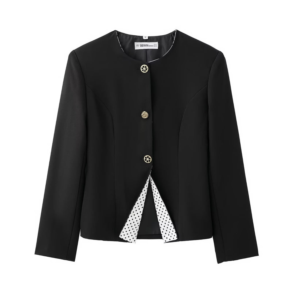 Long sleeved suit jacket+polka dot skirt