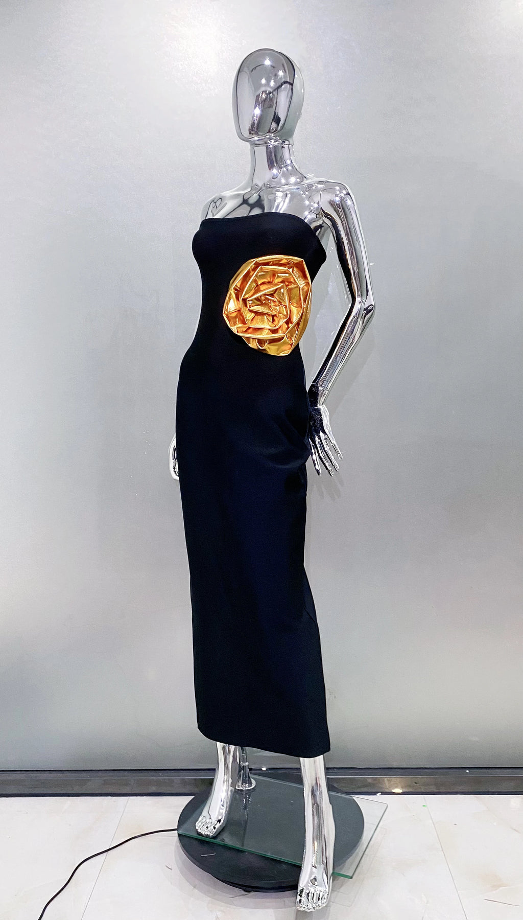 Hoge kwaliteit vrouwen sexy strapless grote gouden bloemen bodycon bandage lange jurk elegante avondfeest thuiskomst jurk vestido