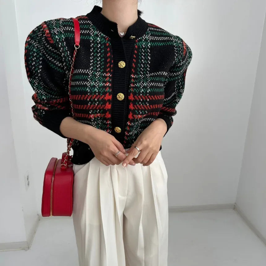 Korea Vintage Knitted Autumn Sweater Coat Women Striped Plaid Print Knitwear Ladies Cropped Cardigans Casual Loose Woman Tops