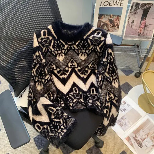 Vintage Jacquard Faux Mink Knit Sweater Pullover Dames Losse Elegante Streetwear Mode Tops Lange Mouw O-hals Truien 