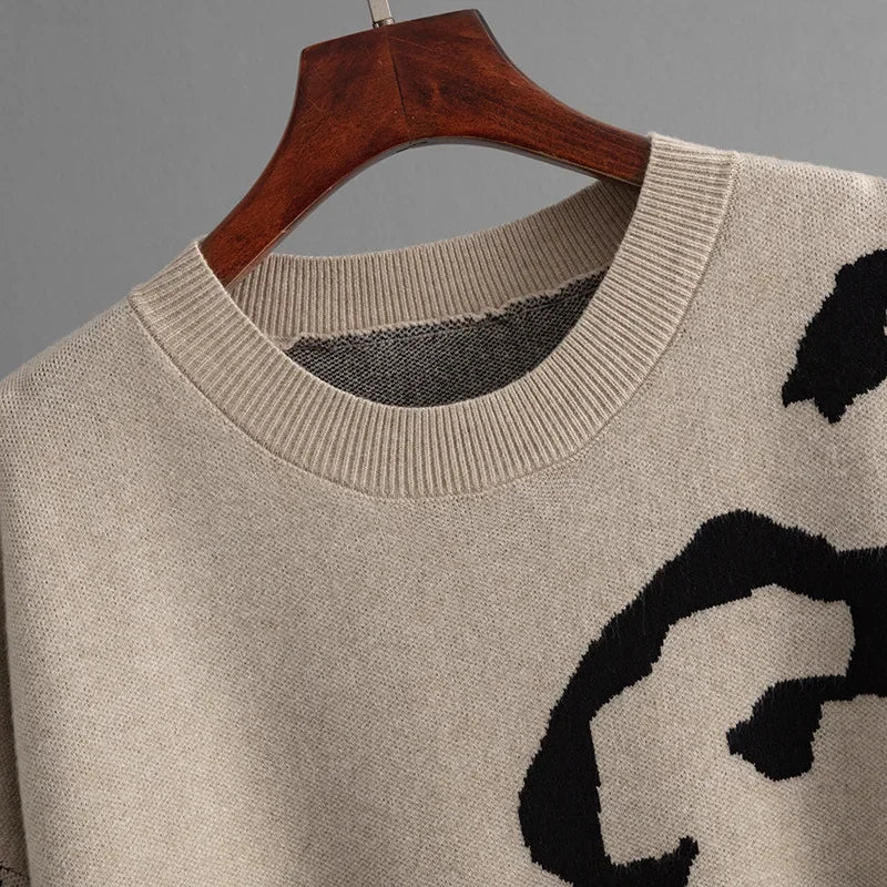 Knitted Jacquard Leopard Patchwork Sweater O-Neck Pullover Long Sleeve Mid-Length Knitwear Autumn/Winter Woman Clothing