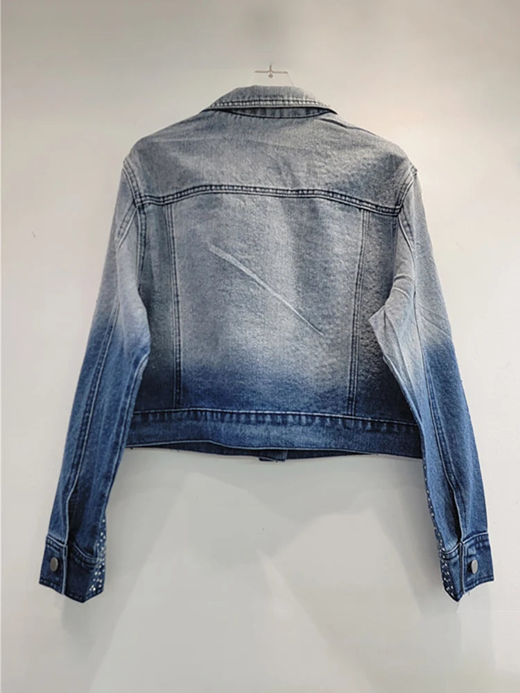 Women's Denim Coat Washed Gradient Blue Design Long Sleeve Full Diamonds Rhinestone Jackets  Autumn New Fashion