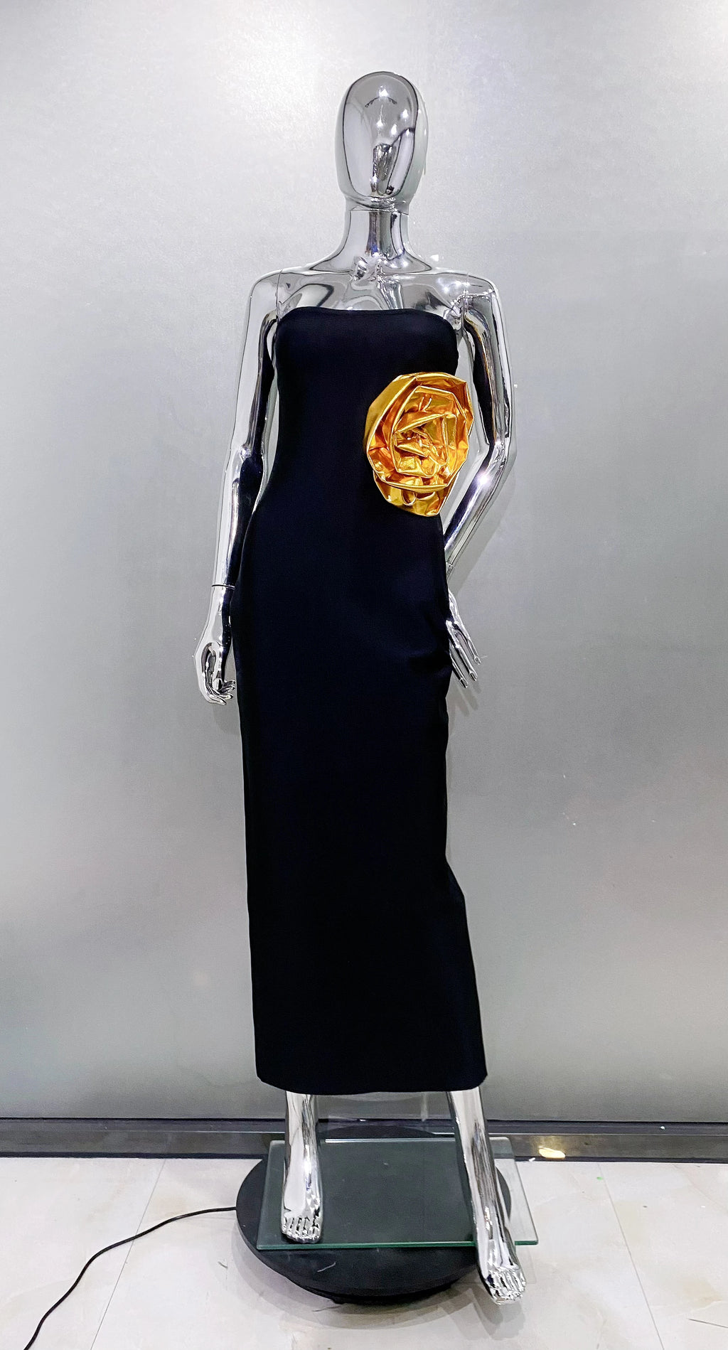 Hoge kwaliteit vrouwen sexy strapless grote gouden bloemen bodycon bandage lange jurk elegante avondfeest thuiskomst jurk vestido