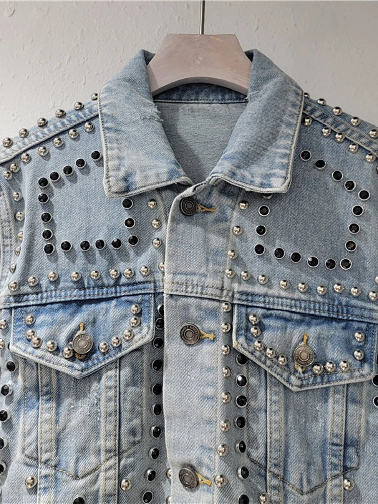 Women's Denim Coat Embroidered Flares Broken Holes Rivets Single Breasted Short Jackets Autumn New Fashion