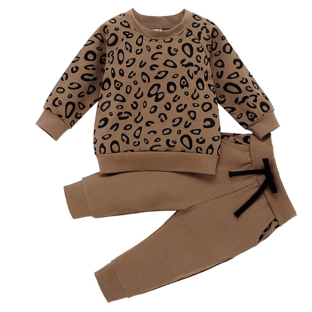 Kids Clothes Set Cartoon Print Baby Boy Girl Clothing Infant Baby Girl Boy Leopard Print T-shirt Sweater Coat Tops Pants Outfits