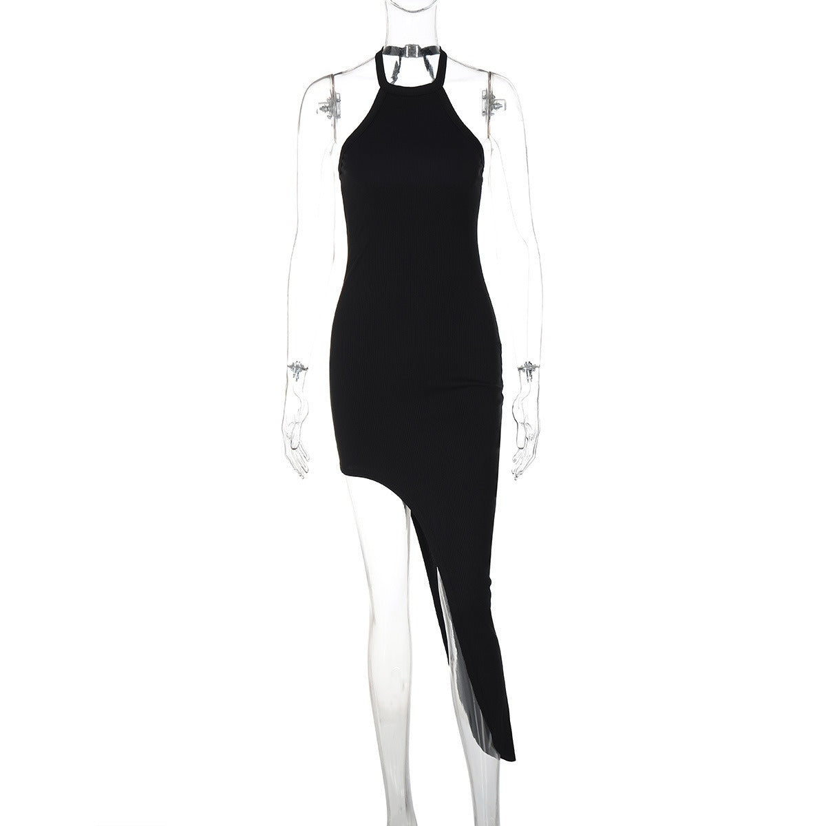 Fashionable and sexy backless split neck sleeveless dress with hanging neck