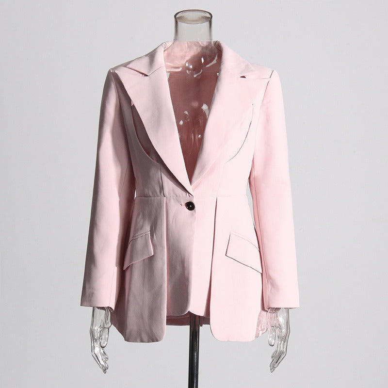 Design solid color suit with hollow out irregular suit jacket for women
