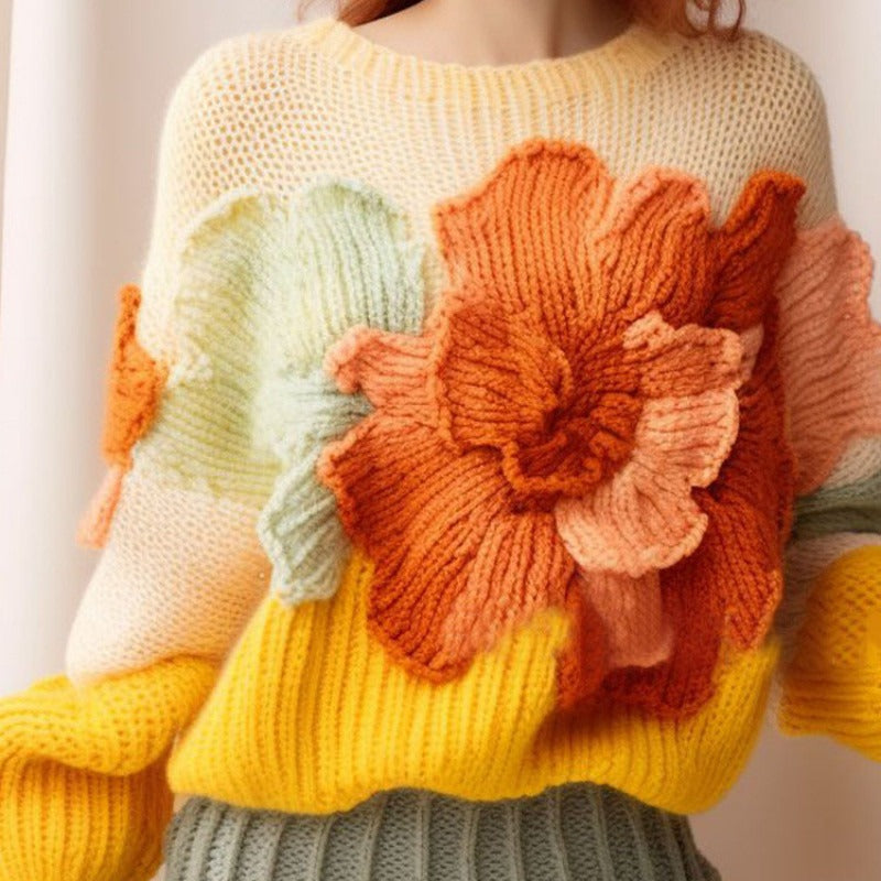 European goods, beautiful heavy industry, lazy style, apricot color, three-dimensional flower knitted sweater, sweater jacket, w
