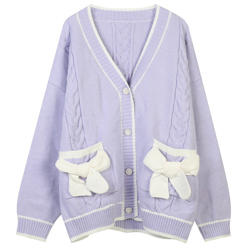 Trui V-hals lange mouwen middellange contrasterende gestreepte strik los gebreide cardigan