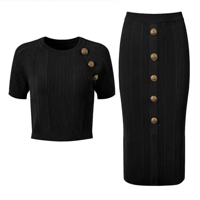 Vintage Slim Knit 2 Pcs Skirt Sets Women 2024 Summer Gold Buttons Short Sleeve Sweater + Pencil Long Skirt Outfits Matching Set