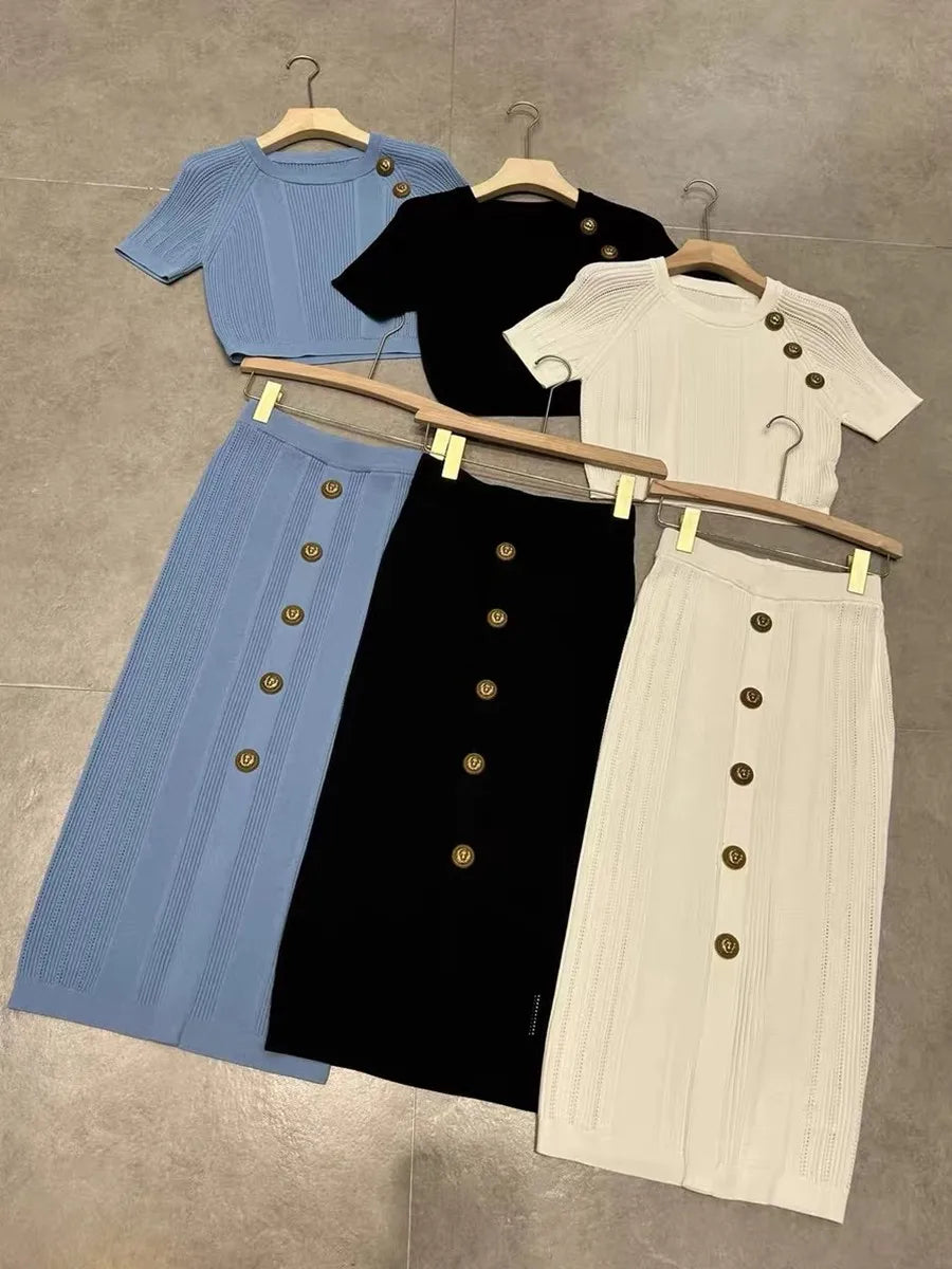 Vintage Slim Knit 2 Pcs Skirt Sets Women 2024 Summer Gold Buttons Short Sleeve Sweater + Pencil Long Skirt Outfits Matching Set
