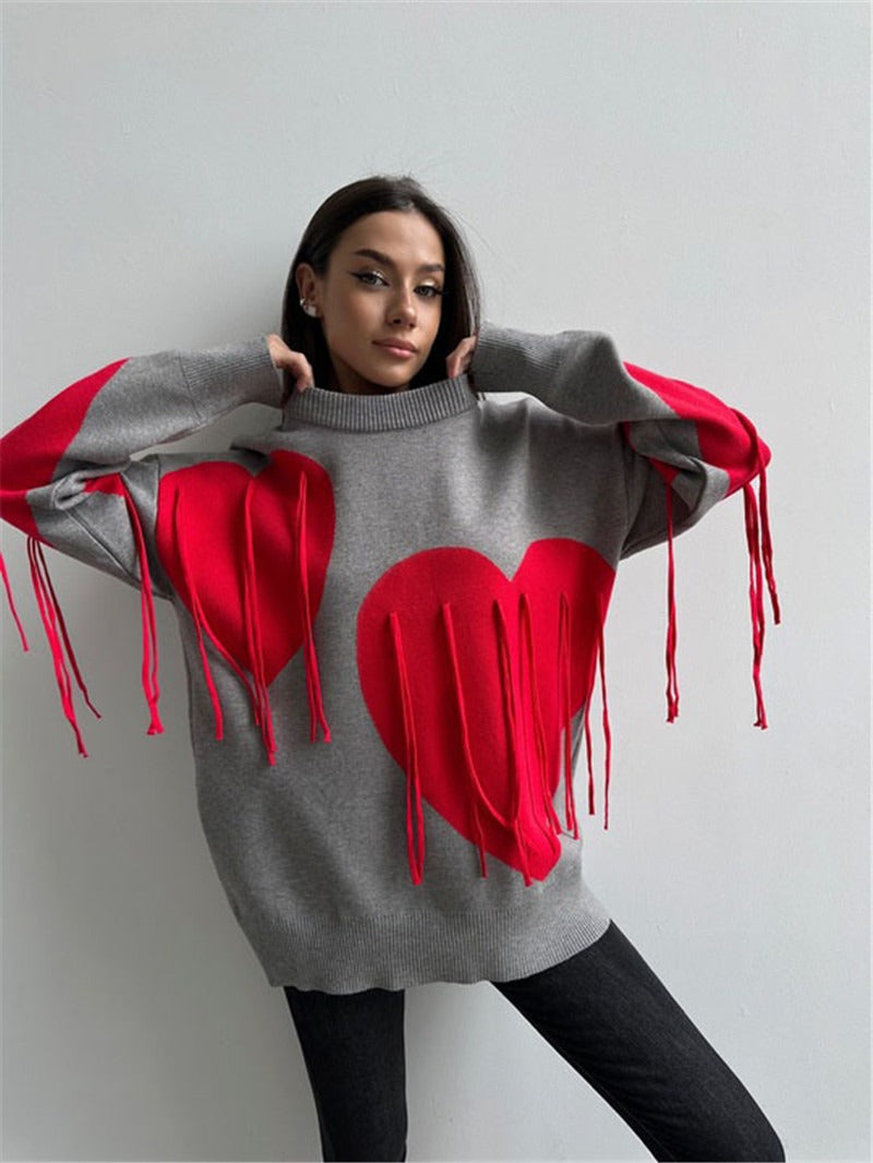 Love tassel autumn and winter sweater women's new round neck fashionable pullover top knitted sweater