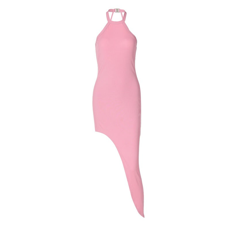 Fashionable and sexy backless split neck sleeveless dress with hanging neck