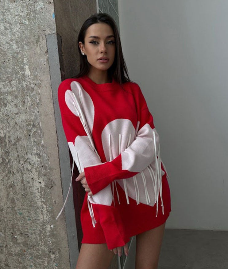 Love tassel autumn and winter sweater women's new round neck fashionable pullover top knitted sweater