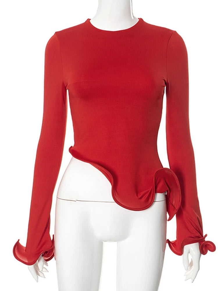 Chic Red Knitted Ruffle Women Pullover  Irregular Long Flare sleeve O Neck Female Top  Autumn Fashion Lady Party Sweater