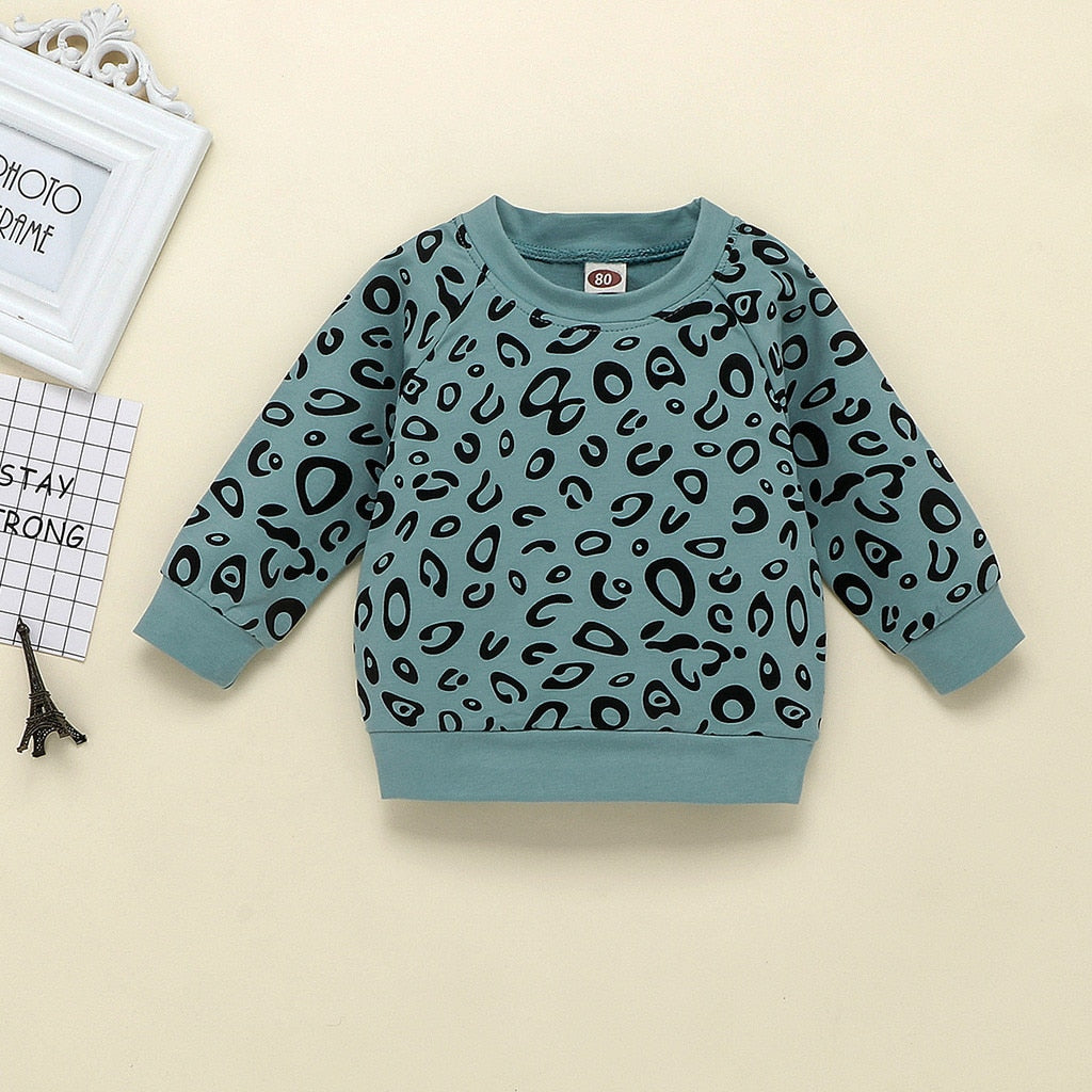 Kids Clothes Set Cartoon Print Baby Boy Girl Clothing Infant Baby Girl Boy Leopard Print T-shirt Sweater Coat Tops Pants Outfits