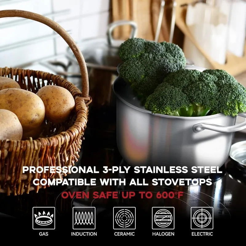 6 Quart Tri-Ply Stainless Steel Stockpot with Steel Lid - Exceptional Heat Distribution for Delicious Soups, Stews, and More - CHRISTDEST GLOBAL SERVICE