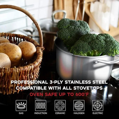 6 Quart Tri-Ply Stainless Steel Stockpot with Steel Lid - Exceptional Heat Distribution for Delicious Soups, Stews, and More - CHRISTDEST GLOBAL SERVICE