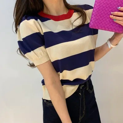 Summer Korean Knitted Striped T Shirts Tops Women Short Sleeve O-neck Casual Fashion Female Tees Pullovers T-shirts