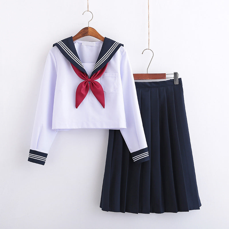 White Three Books JK Uniform Sailor Uniform Female Long Sleeve Student Uniform pleated Skirt Graduation Class Uniform School
