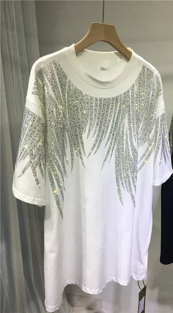 Luxury Women Cotton Blended Diamonds Beaded T-Shirts Rhinestones Tees + Drawstring Beading Pants Drilling Trousers 2pcs Set
