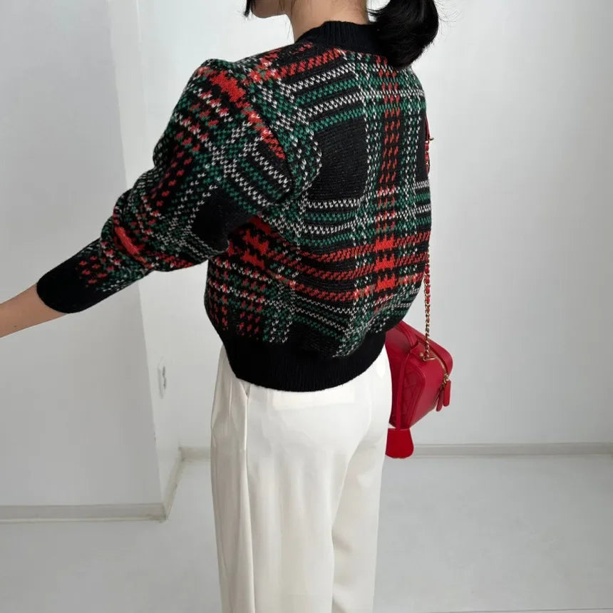 Korea Vintage Knitted Autumn Sweater Coat Women Striped Plaid Print Knitwear Ladies Cropped Cardigans Casual Loose Woman Tops