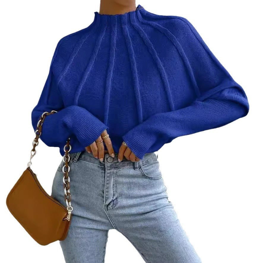 European and American semi high neck solid color versatile knitted pullover bat sleeve sweater for women