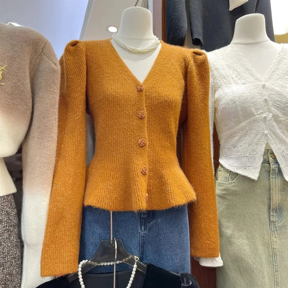 Autumn Winter Orange Bright Silk Knitted Sweater Cardigan Fashion Women Neck Rose Floral Buttons Ruffles Short Coat Tops