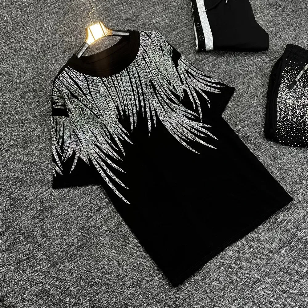 Luxury Women Cotton Blended Diamonds Beaded T-Shirts Rhinestones Tees + Drawstring Beading Pants Drilling Trousers 2pcs Set