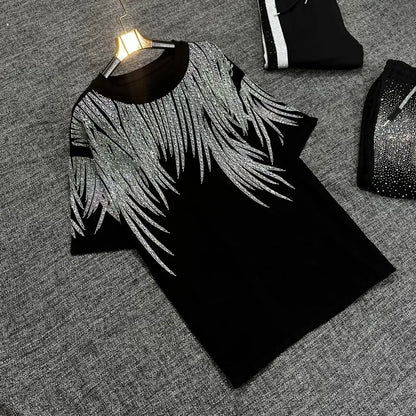 Luxury Women Cotton Blended Diamonds Beaded T-Shirts Rhinestones Tees + Drawstring Beading Pants Drilling Trousers 2pcs Set