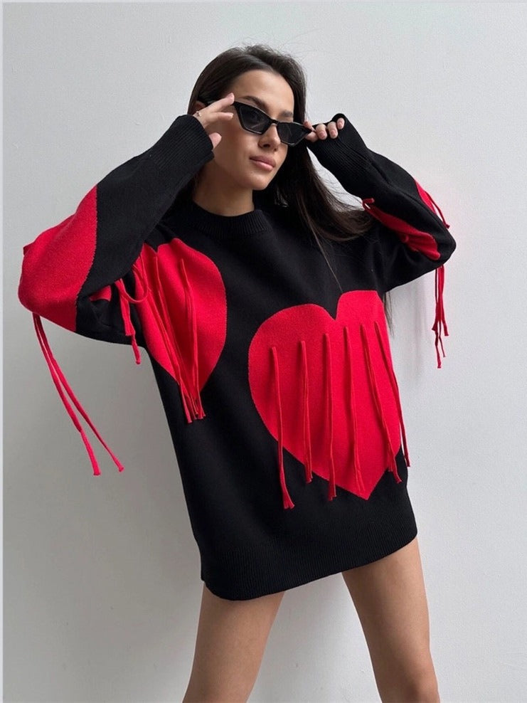 Love tassel autumn and winter sweater women's new round neck fashionable pullover top knitted sweater