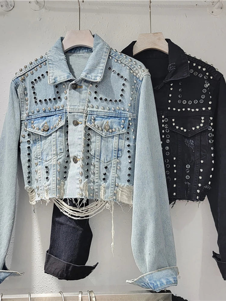 Women's Denim Coat Embroidered Flares Broken Holes Rivets Single Breasted Short Jackets Autumn New Fashion