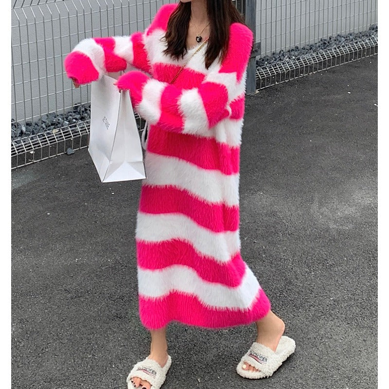 New autumn and winter products for women: loose, thick, lazy style, long style, over the knee, slimming, knitted woolen dress
