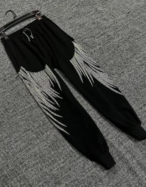 Luxury Women Cotton Blended Diamonds Beaded T-Shirts Rhinestones Tees + Drawstring Beading Pants Drilling Trousers 2pcs Set