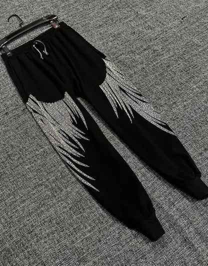 Luxury Women Cotton Blended Diamonds Beaded T-Shirts Rhinestones Tees + Drawstring Beading Pants Drilling Trousers 2pcs Set