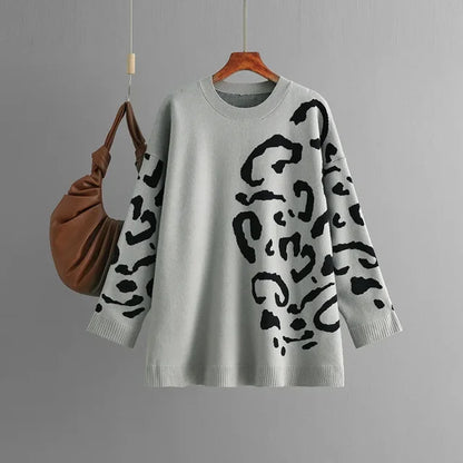 Knitted Jacquard Leopard Patchwork Sweater O-Neck Pullover Long Sleeve Mid-Length Knitwear Autumn/Winter Woman Clothing