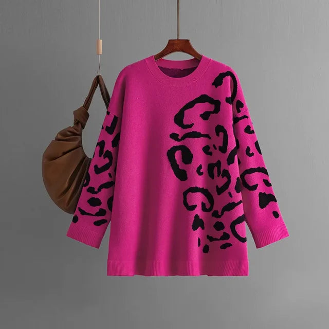 Knitted Jacquard Leopard Patchwork Sweater O-Neck Pullover Long Sleeve Mid-Length Knitwear Autumn/Winter Woman Clothing