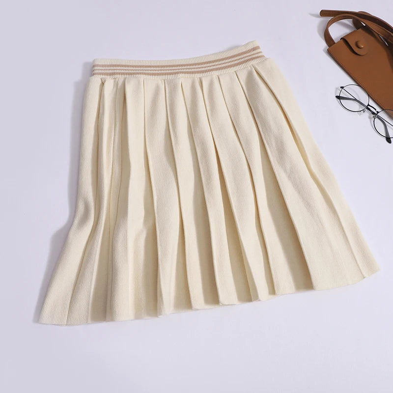 Color blocked set round neck embroidered bow short sleeved knitted sweater slim fit pleated short skirt two-piece set
