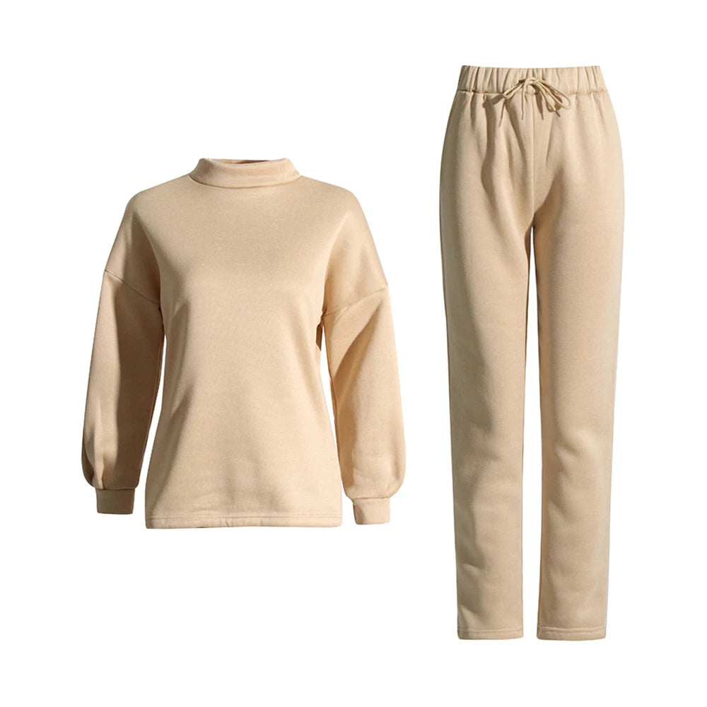 VGH Solid Two Piece Sets For Women Stand Collar Long Sleeve Tops High Waist Spliced Drawstring Pants Casual Set Female Style New