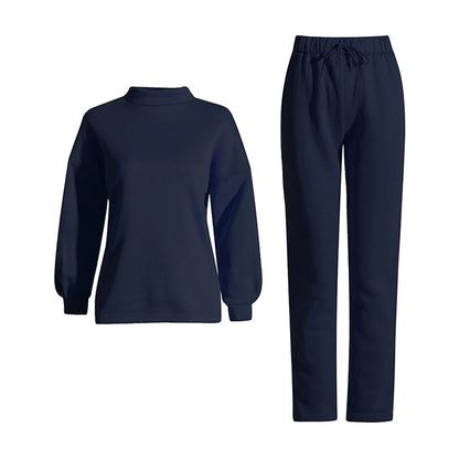 VGH Solid Two Piece Sets For Women Stand Collar Long Sleeve Tops High Waist Spliced Drawstring Pants Casual Set Female Style New
