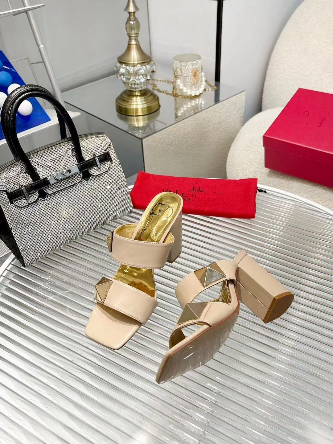 Riveted genuine leather sandals, women's summer thick heel, one line strap, runway style sandals, slippers - CHRISTDEST GLOBAL SERVICE 