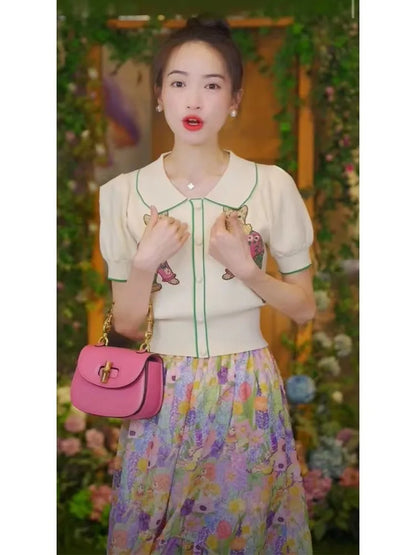Stylish Sweater For Women Summer   New Fashion Cartoon Embroidery Short Sleeve Knitwear Tops Elegant Chic Ladies Jumpers