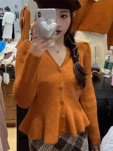 Autumn Winter Orange Bright Silk Knitted Sweater Cardigan Fashion Women Neck Rose Floral Buttons Ruffles Short Coat Tops