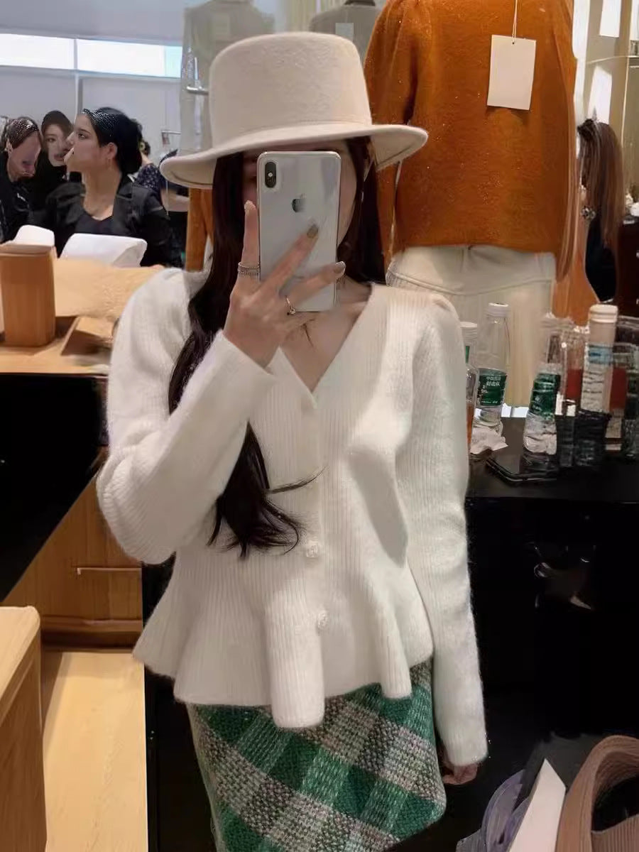 Autumn Winter Orange Bright Silk Knitted Sweater Cardigan Fashion Women Neck Rose Floral Buttons Ruffles Short Coat Tops